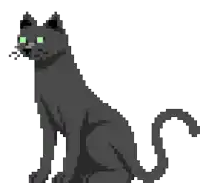 a black cat with green eyes is sitting down in a pixel art style .