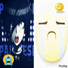 a picture of a girl crying next to a picture of a sad face