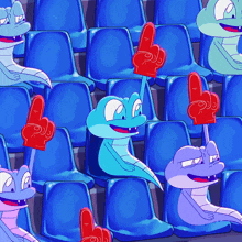 a cartoon frog is sitting in a stadium with a red foam finger