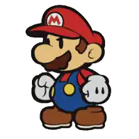 a cartoon drawing of mario wearing overalls and a red hat with the letter m on it