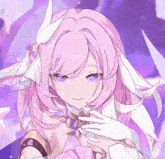 a girl with pink hair and purple eyes is wearing a white glove