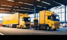 three yellow trucks are parked in a warehouse and one of them says tfl alliance on the side