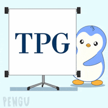 a penguin is standing next to a white board that says tpg on it