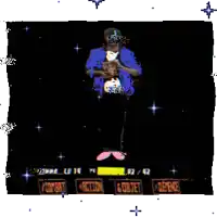 a pixelated image of a man in a blue jacket with the word cowboy on the bottom