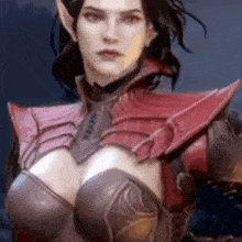 a woman in a red and brown armor is standing in front of a blue sky .