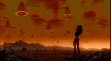 a robot stands in the middle of a desert surrounded by cones and circles in the sky