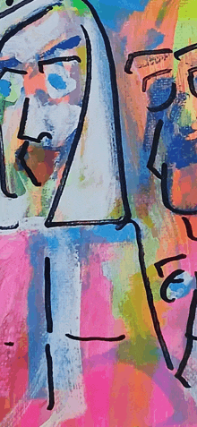 a close up of a painting of two faces with the letter e on the bottom