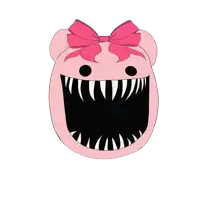 a cartoon drawing of a pink monster with a pink bow