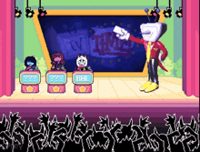 a pixel art drawing of a tv show with a man holding a piece of paper