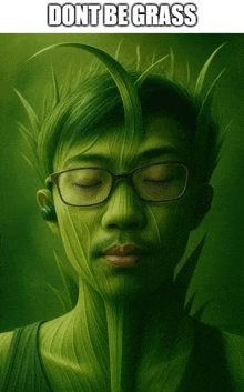 a painting of a man with grass on his face and the words " dont be grass "