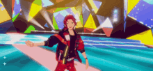 a man in a red jacket and red pants is standing on a stage in front of a colorful background .