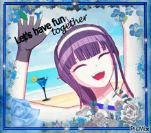 a picture of a girl on the beach with the words " let 's have fun together "