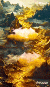 a painting of a landscape with mountains and clouds and the words vivavideo below it
