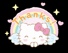 a hello kitty sticker with a rainbow and the words thanks on it