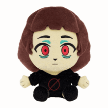 a stuffed animal with red eyes and a black shirt with a red circle on it