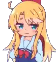 a pixel art drawing of a girl with long blonde hair and blue eyes .