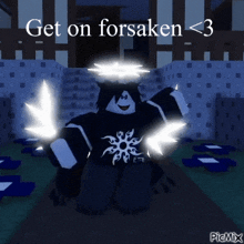 a picture of a cartoon character with the words get on forsaken < 3