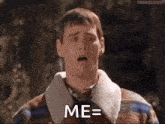 a man in a plaid jacket is making a funny face and says `` me = '' .