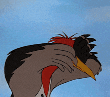 a cartoon bird with a red head and a yellow beak against a blue sky