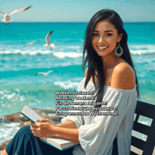 a woman is sitting on a bench with a book in her hands and a caption that says weekend relaxant