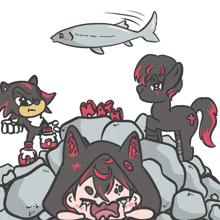 a cartoon of shadow the hedgehog a pony and a fish with the letter m on it