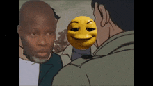 a man with a yellow smiley face on his face talks to another man