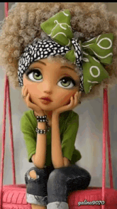 a cartoon girl is sitting on a tire swing wearing a green shirt and a bandana .