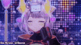 a cartoon girl with a box on her head singing into a microphone with the words give me love ed sheeran below her