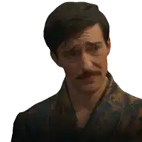a man with a mustache is wearing a robe and has the word ouch written on his face