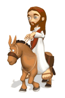 jesus is riding on the back of a donkey in a cartoon
