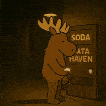a cartoon moose is holding a sign that says soda data haven