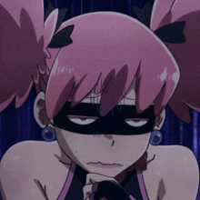 a cartoon girl with pink hair and a black mask
