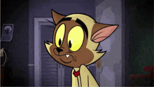 a cartoon cat with yellow eyes and a red tie