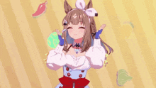 a brown haired anime girl with a white bow on her head winks at the camera