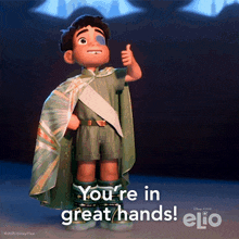 a cartoon character giving a thumbs up with the words " you 're in great hands " behind him