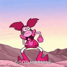 a pink cartoon character with the words good morning written below it