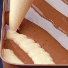 a cake batter is being poured into a pan of chocolate