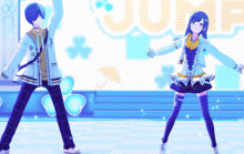 a boy and a girl are dancing in front of a jump sign