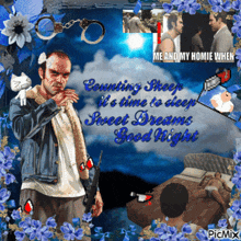 a picture of a man holding a gun with the words counting sheep it 's time to sleep sweet dreams good night