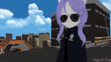 a girl with purple hair is wearing a police uniform