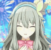 a girl with long hair and a pink bow is smiling with a ferris wheel in the background .
