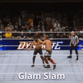 two men are wrestling in a ring with the words glam slam written on the bottom