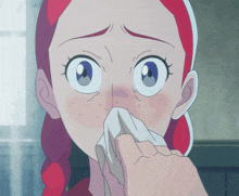 a cartoon girl with red hair blowing her nose with a napkin