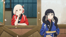 two anime girls are looking out of a window with petals falling