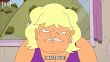 a cartoon character says i hate you in a purple tank top