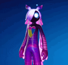 a cartoon character with a heart on her chest is standing in front of a blue background