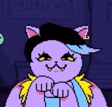 a pixel art drawing of a cat with a fork in its mouth
