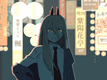 a drawing of a girl with long hair and horns in front of a sign that says 3f