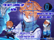 a picture of a boy with the words " i 'm not giving up now " on it