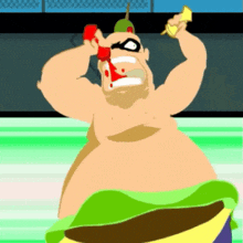 a cartoon of a man holding a banana with blood coming out of his eyes